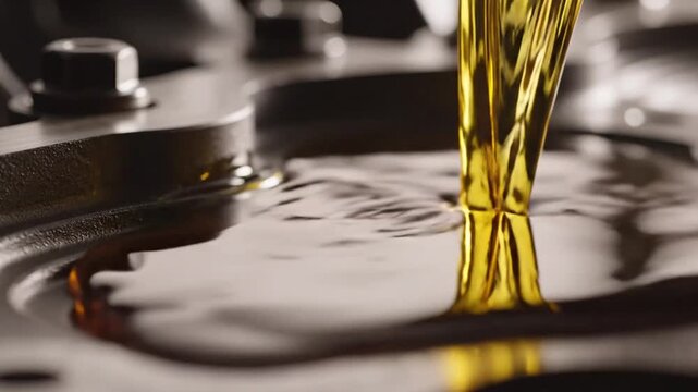 Golden Motor Oil Pouring into Engine Crankcase Close-up Macro Shot.