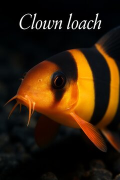 Clown loach front quarter view showing striped vivid body