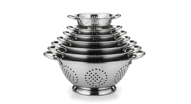 Stack of stainless steel colanders isolated on white background for kitchen use