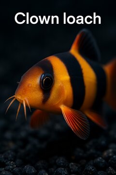 Clown loach specimen photographed over dark aquarium substrate