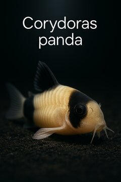 Corydoras panda catfish resting on dark substrate in aquarium