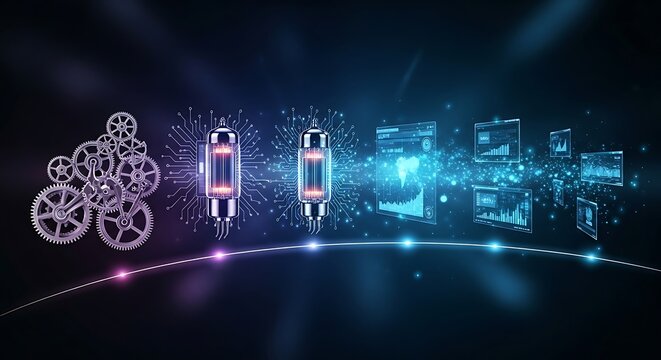 Abstract illustration of gears tubes and data screens representing technology