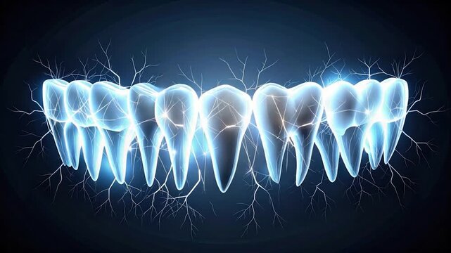 Glowing teeth, connected by electrical pulses, illuminate against a dark background