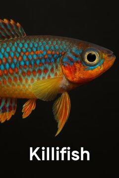 Colorful killifish portrait isolated against a solid black background
