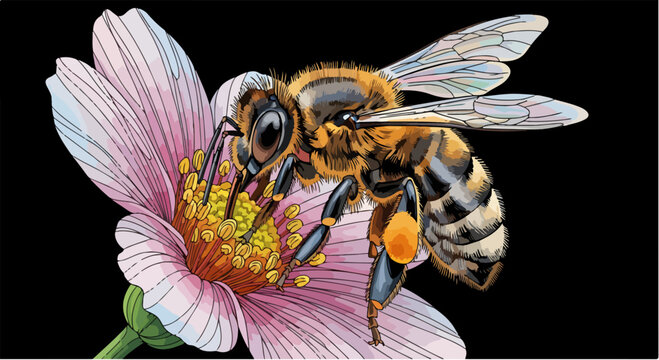 Detailed illustration of a honey bee collecting nectar from a vibrant pink flower, isolated on a black background, symbolizing nature's beauty and pollination