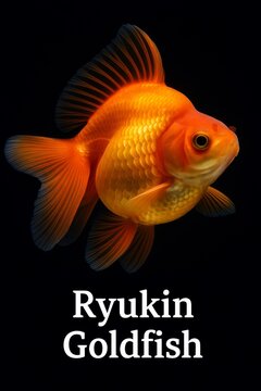 Brightly colored ryukin goldfish displaying flowing fins on dark backdrop