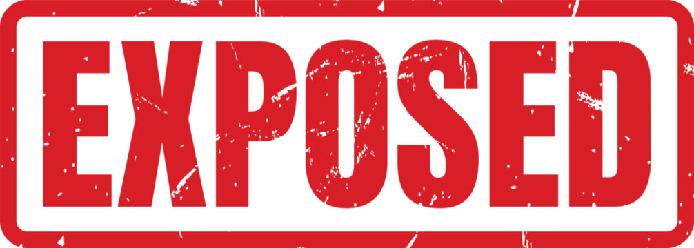 Vintage red ink rubber stamp showing the word exposed in a classic distressed block font