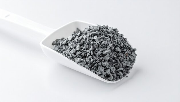 A white scoop filled with a dull gray, irregular pile of granular zinc material resting on a clean white surface.
