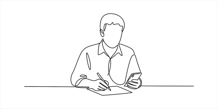 Man writing on paper with phone in hand, continuous line art