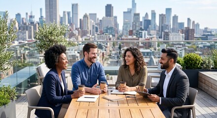Fototapeta premium Diverse group of happy business professionals having an informal meeting on a modern rooftop terrace with cityscape background