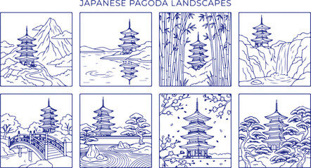 Japanese pagoda landscapes line art collection for travel and culture theme vector illustration graphic. © Sadhin