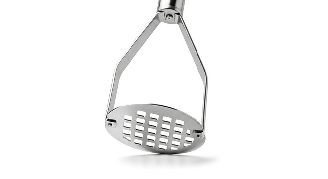 Close-up of a stainless steel potato masher isolated on a white background