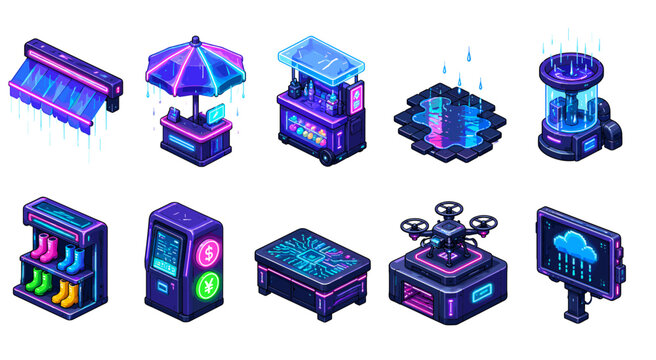 Collection of futuristic isometric neon objects and technology icons