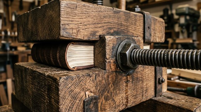 Close-up of a vintage woodworking clamp securing a piece of wood during carpentry work.