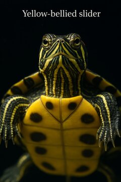 Trachemys scripta scripta close-up revealing bold yellow and black markings