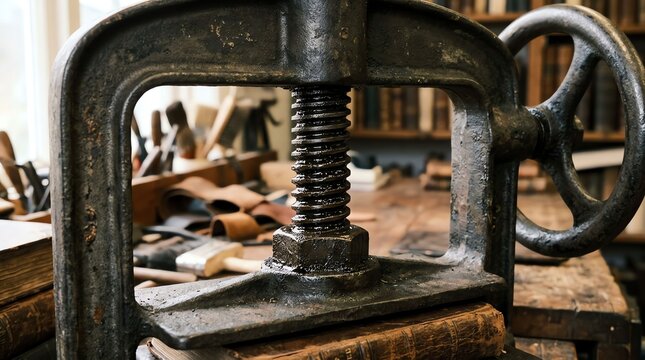 Close-up of vintage clamp on wooden workbench in workshop setting.