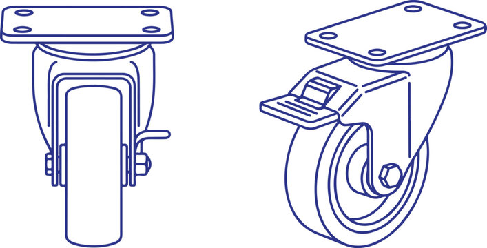 Industrial caster wheel set front view and side view swivel wheel assembly for furniture and equipment heavy duty metal.