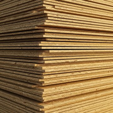 Large stack of rough textured oriented strand board sheets piled high, ready for use in housing construction and architectural projects, pile, stacked, remodeling