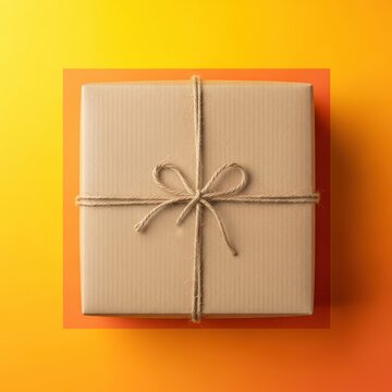 Overhead shot of a brown recycled cardboard delivery parcel tied securely with rustic string, ready for shipment or holiday gifting preparation, craft, box, surprise