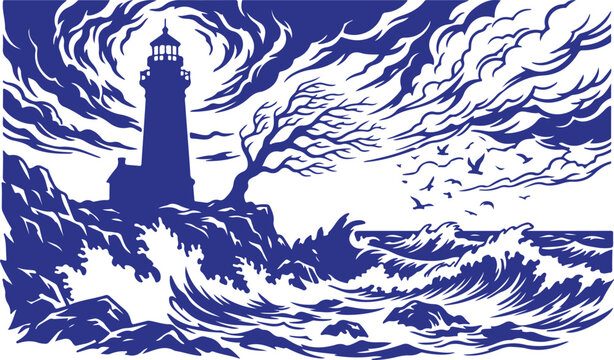 Dramatic stormy sea with crashing waves and a solitary lighthouse on a rocky cliff under a turbulent sky, vector silhouette.