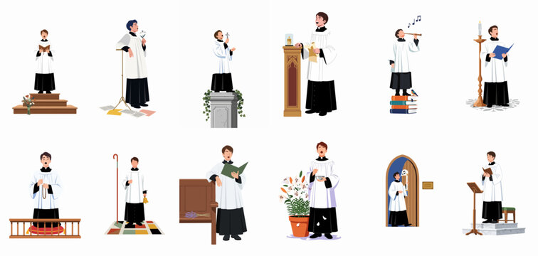 Collection of Choir Boy Illustrations in Various Religious and Musical Poses Wearing Traditional Cassocks and Surplices