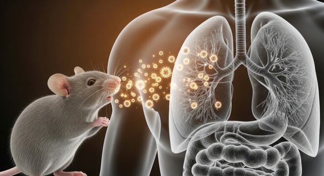 Mouse inhaling nanoparticles into lungs illustration
