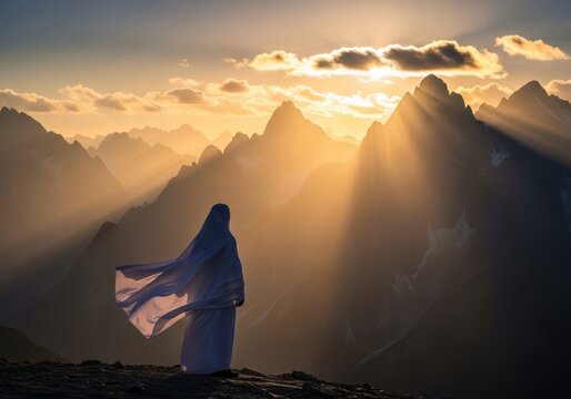 White flowing robes stand against a dramatic mountain vista under powerful golden sunlight, symbolizing spiritual contemplation in the wild, peaceful, sublime, nature