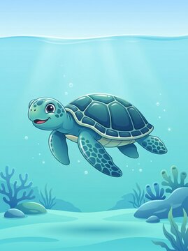 Cute Cartoon Sea Turtle Swimming Underwater in Deep Blue Ocean Vector Illustration