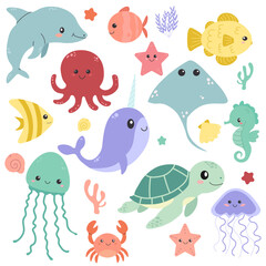 A large collection of underwater marine life isolated on a white background including a dolphin octopus narwhal sea turtle jellyfish stingray and colorful fish species for educational posters © Jennie
