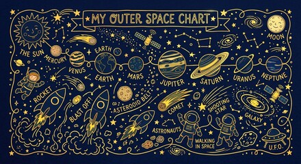 Naklejka premium Outer space chart with planets and stars on dark background