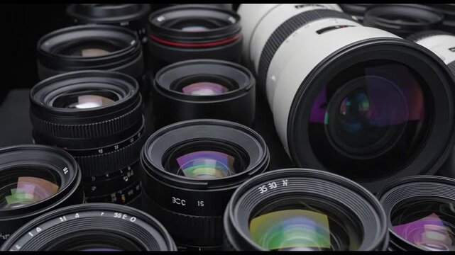 Collection of professional photography camera lenses.