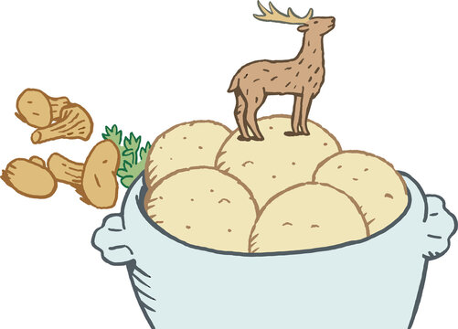 Sch&uuml;ssel mit Kl&ouml;&szlig;en, Pfifferlingen und Hirsch, Farb-Illustration