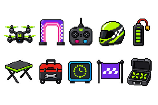 Pixel art drone racing equipment set with drone, helmet, and accessories