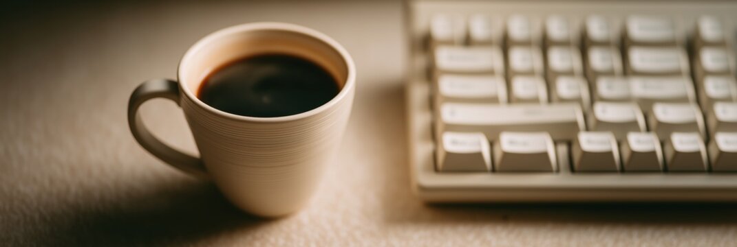 Hot coffee in ceramic cup next to computer keyboard on desk. Home office concept with warm drink