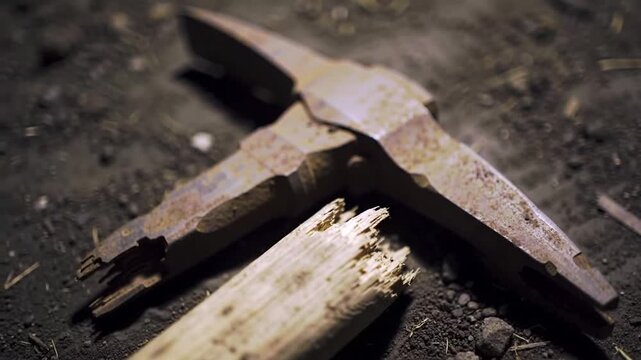 Rusty Pickaxe and Broken Wood on Dark Ground.