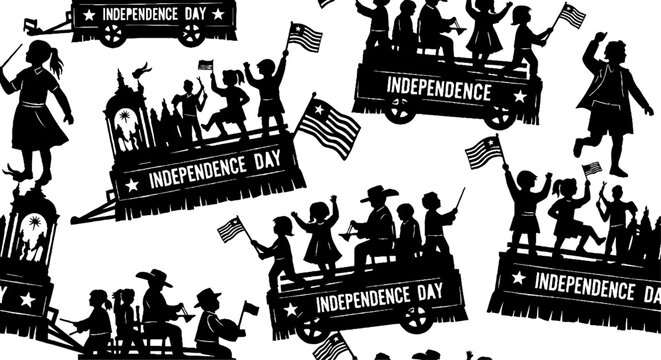 Independence day parade seamless pattern with children silhouettes
