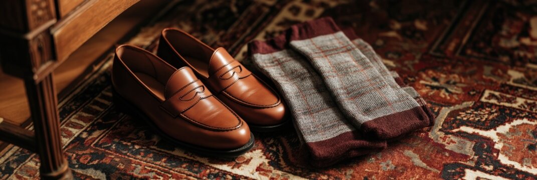 Classic brown leather penny loafers and folded grey and maroon plaid socks on ornate, patterned Persian rug. Elegant men's footwear accessory