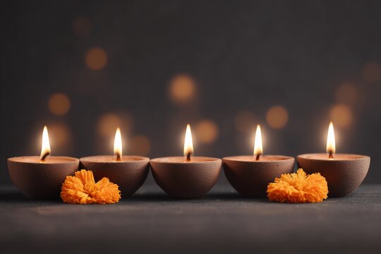 Clay Diya lamp with burning wick arranged in row on dark surface. Marigold flowers adorn front. Diwali festival of light, warm flame glow