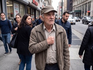 Fototapeta premium A medium shot of an elderly man stopping abruptly on the sidewalk of a crowded street due to ischemic heart disease, a lost look on his face and his right hand clenched into a fist pressed tightly aga