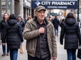 Fototapeta premium A medium shot of an elderly man stopping abruptly on the sidewalk of a crowded street due to ischemic heart disease, a lost look on his face and his right hand clenched into a fist pressed tightly aga