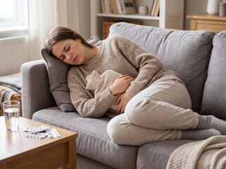 Obraz premium A young woman suffering from endometriosis curled up in a fetal position on the living room sofa, pressing a hot water bottle against her lower abdomen while open blister packs of painkillers sit on t