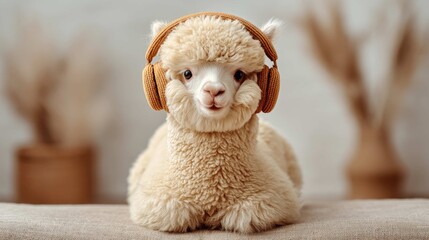 Fototapeta premium Cute alpaca wearing headphones sitting comfortably indoors with soft lighting and blurred background elements