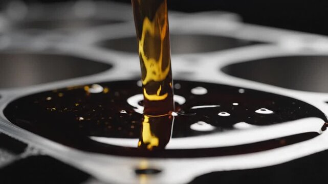 Viscous dark liquid pouring into a textured surface with circular indentations.