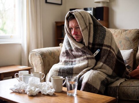 A medium shot of a man struck by influenza wrapped in a heavy wool blanket up over his head, sitting on the sofa with a reddened nose and a thermometer under his arm while used tissues and mugs pile u