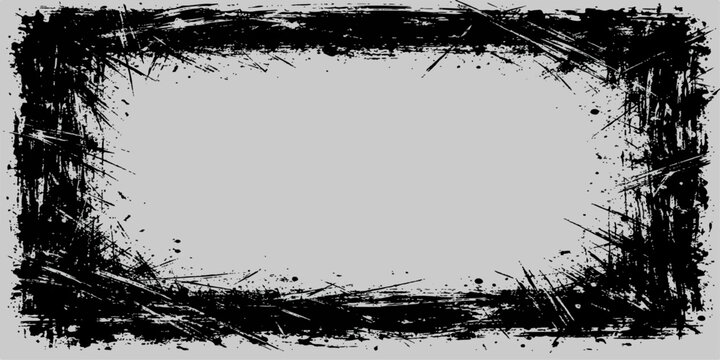 Black grunge frame border with ink splatter texture and vintage vector design