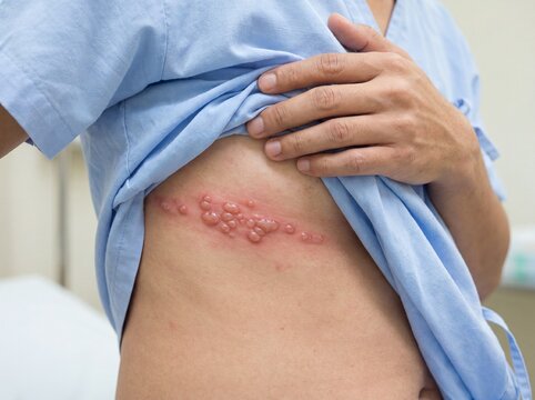 A detail shot of the torso of a patient suffering from herpes zoster showing a continuous strip of reddened and tense blisters along the line of a rib while the man brings his hand close without touch