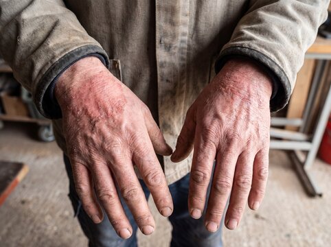 A close-up of the hands of a worker suffering from contact dermatitis, the back of the hands and wrists showing a vivid red, rough patch that traces the exact shape of the glove that triggered the rea