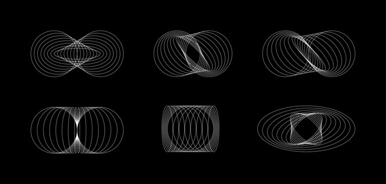 Geometric Wireframe Vector Set, Futuristic 3D Thin Line Abstract Shape Collection. White Line Art Geometric Design Elements on Black Background Illustration.