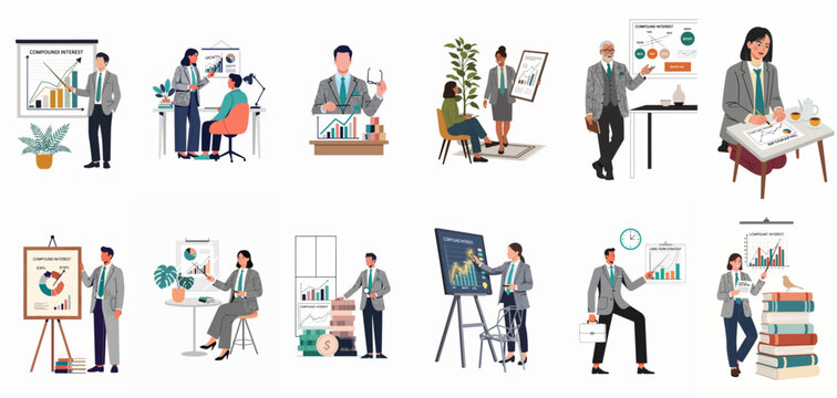 Set of professional business people presenting financial growth charts, infographics, and compound interest concepts in a clean, modern flat vector illustration style.