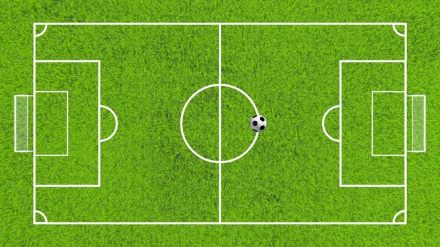 Top View Loop of Soccer Ball Rolling Along Center Circle on Green Football Field